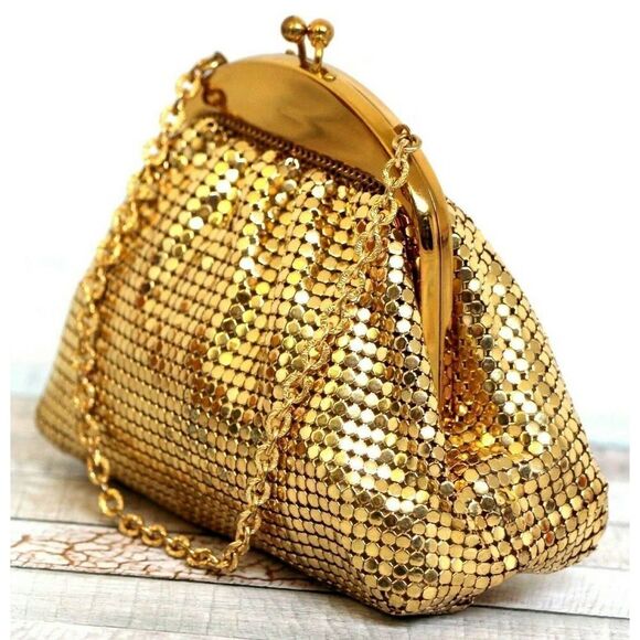 Whiting & Davis GOLD MESH FRAME KISS LOCK CHAIN STRAP MINI PURSE HANDBAG WALLET - Picture 3 of 10